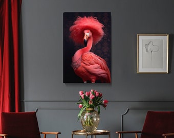 Flamingo Wandbild, Elegantes Flamingo Wanddekor, Pinker Flimingo im Hut Leinwanddruck, Stilvolle Tiere Wandkunst, lustiges Geschenk für Tierliebhaber