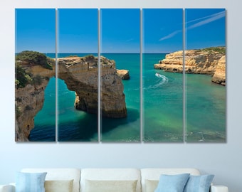 Canvasafdruk oceaankliffen en grotten, nautische moderne canvaskunst, zeegezicht canvasafdrukken kunst aan de muur decor, blauwe lucht artwork