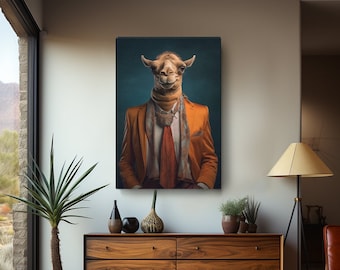 Camel in Elegant Suit with Scarf Canvas Print, Stylish Wall Art for Living Room, Unique Gift for Animal Lovers