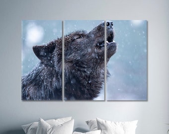 Impressão em tela moderna de lobo | Arte grande de lobo uivando | Decoração em tela esticada com animal | Arte requintada para parede de caverna masculina com lobo