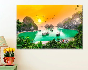 Halong Bay Canvas Art Print Home Wall Decor, Vietnam Art Print, Colorful Sunset Wall Art Print
