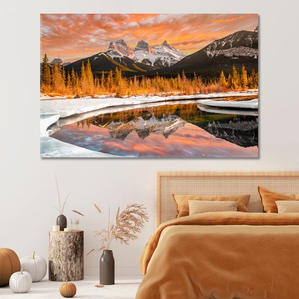 Toile de haute qualité Montagnes des Trois Sœurs, toile d'art murale de l'Alberta, impression d'art murale sur toile du Canada