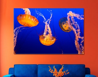 Orange Jellyfish Art Canvas Print Jellyfish Wall Art Decor Jellyfish Large Horizontal Art