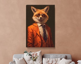 Eleganter Fuchs im orangen Anzug Leinwanddruck, Stilvolle Wandkunst für Wohnzimmer, Geschenk für Tierliebhaber