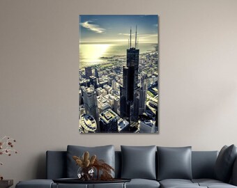 Chicago City Skyline Druck Leinwand Kunst | Chicago Stadtbild Wanddekoration | Chicago Wand Kunst Druck