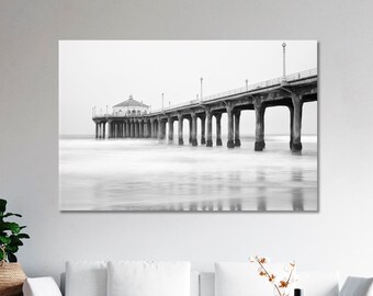 Impressão em tela preta e branca, Manhattan Beach Pier, Califórnia, tela emoldurada, decoração de parede para casa e escritório