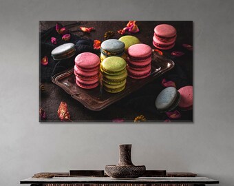 Decoración de pared de cocina con galletas de macarrón. Impresión en lienzo de galletas de macarrón. Arte creativo para el comedor.