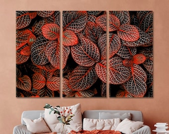 Arte de pared en lienzo con hojas rojas tropicales, arte de hojas en lienzo, arte botánico, decoración de pared con hojas tropicales