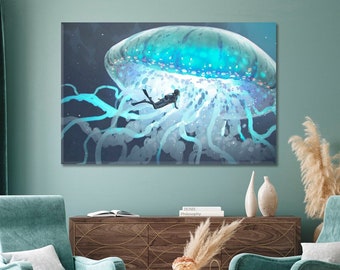Jellyfish Artwork Jellyfish Multiple Sizes Wrapped Canvas Jellyfish Room Wall Decor