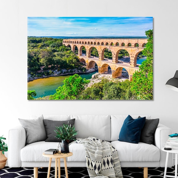 Impression giclée d'art sur l'aqueduc romain Pont du Gard, France, toile d'art, décoration murale, art encadré