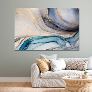 Modern Abstract Wall Art Canvas Blue and Gray Large Horizontal Art