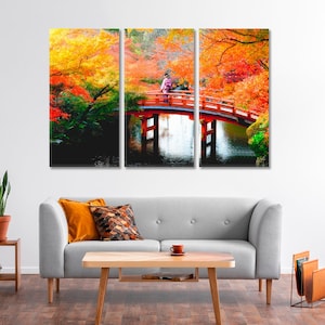 Wooden Bridge Art Canvas Autumn Forest Large Wall Art Japan Room Wall Decor