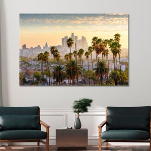 Downtown Los Angeles Canvas, Los Angeles Palm Trees Large Canvas Print, LA Wall Art Vintage Decor, Los Angeles Office Decor