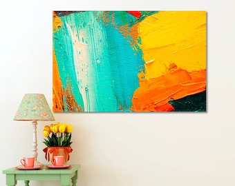 Yellow Abstract Wall Art Canvas, Turquoise Home Decor Artwork, Colorful Design Interior, Teal Bright Art for Office