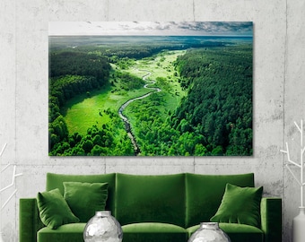 Green Forest Wall Art Curvy River Home Art Decor Green Forest Canvas Print