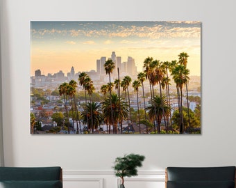 Tela do centro de Los Angeles, impressão em tela grande com palmeiras de Los Angeles, decoração vintage de parede de Los Angeles, decoração de escritório em Los Angeles