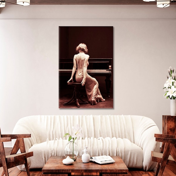 Woman with Piano Vintage Wall Art | Elegant Lady Playing Piano Art Print | Retro Piano Player Art Decor