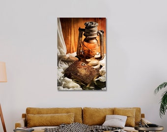 Antique Lantern Still Life Wall Art | Old Lantern Canvas Wall Decor | Lantern Art Print