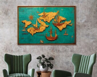 Arte de pared con mapas antiguos / Lienzo con mapas vintage para decoración de paredes / Impresión en lienzo con mapas retro