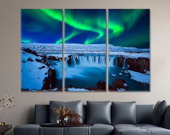 Aurora Borealis Canvas Print Godafoss Waterfall Beautiful Wall Art Iceland Print Northern Light Wall Art Decor