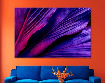 Lienzo de arte moderno con hojas tropicales moradas, arte mural con hojas tropicales, arte botánico