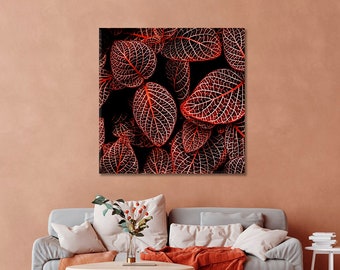 Lienzo de hojas rojas tropicales para pared, listo para colgar, para decoración del hogar, oficina y pared.