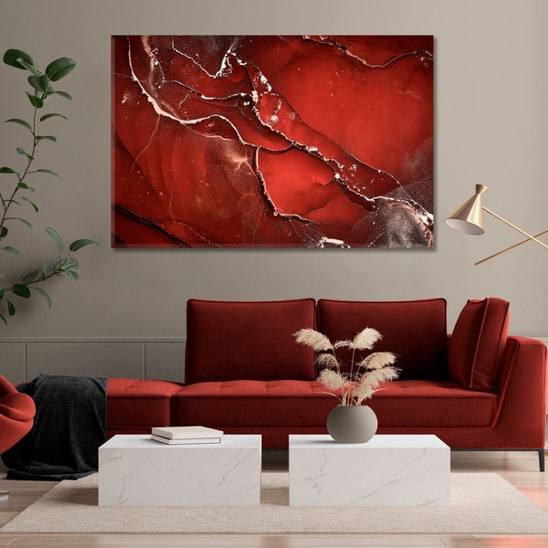 Red Abstract Canvas for Home Wall Art Decor, Colorful Modern Artwork, Red White Abstract Canvas Print, Marble Pattern Prints