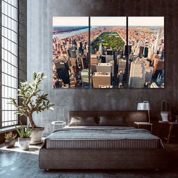 Aerial View of Central Park New York City at Sunset Canvas Print, USA Cityscape Artwork, Skyscrapers NYC Canvas Home Wall Art Decor