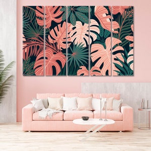 Abstract Flowers Wall Decor Canvas for Home Wall Art, Colorful Leaves Canvas Print, Pink Canvas Prints, Green Art Print
