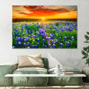 Wild Flower Field Home & Office Decor | Texas Bluebonnet Field Canvas Art | Floral Modern Art | Sunset Art | Flowers Art for Living Room