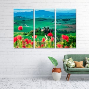 Tuscany Italy Canvas Wall Art, Poppy Flowers Large Framed Wall Art Home Decor, Tuscany Landscape Living Room Art