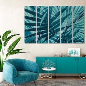 Arte de parede grande com folhas tropicais abstratas, arte em tela com folhas, arte botânica, decoração de arte com folhas tropicais para quarto