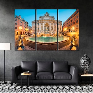 Trevi Fountain Canvas Print Wall Art Decor, Rome Wall Decor, Italy Cityscape View Artwork, City Fountain Extra Large Wall Art