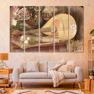 Lienzo de mandolina de bodegón, arte de pared con libros antiguos, decoración de rosas, póster impreso