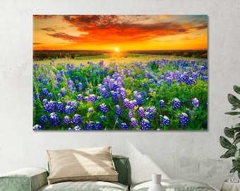 Wild Flower Field Home & Office Decor | Texas Bluebonnet Field Canvas Art | Floral Modern Art | Sunset Art | Flowers Art for Living Room
