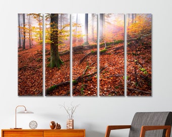 Autumn Forest Giclee Art Decor Red Autumn Forest Art Canvas Print Forest Wall Art Multiple Sizes Wrapped Canvas