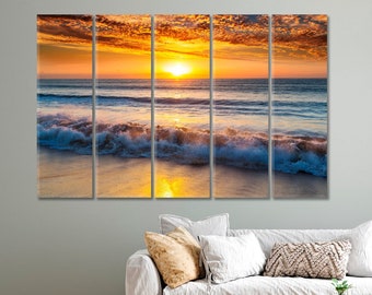 Arte de parede com estampa de praia oceânica ao pôr do sol, ondas do mar, decoração de parede, tela grande com nascer do sol, pôster de arte moderna.
