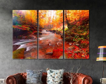 Amazing Autumn Forest with River Canvas Wall Art Decor | Giclee Print Forest | Multiple Sizes Wrapped Canvas