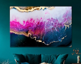 Linda tela abstrata de mármore acrílico azul-roxo, decoração de parede de mármore, arte de parede abstrata