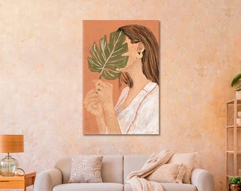 Contemporary Woman Portrait with Palm Leaf / Palm Leaf Woman Portrait Canvas Print / Tropical Woman Portrait Wall Art