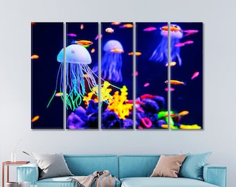Kleurrijke kwallen canvas muurkunst decor / Marine Life muurkunst / Uniek muurkunst decor