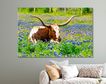 Texas Longhorn Cow in Bluebonnet Field Canvas Art Decor Photo Printed on Canvas for Home Wall Decoration