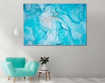 Turquoise Abstract Canvas Print Home Decor, Marble Teal Abstract Canvas Art, Modern Teal Artwork, Colorful Wall Art Decor