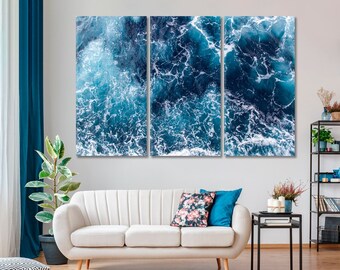 Abstract Wave Canvas Wall Art Print, Modern Blue Abstract Artwork, Colorful Sea Foam Canvas Art, Ocean Waves Prints Wall Art Decor