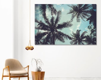 Quadro decorativo para casa com galhos de coqueiros, arte de parede com estampa de palmeiras, obra de arte em tela com árvores tropicais.