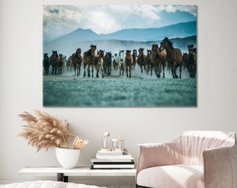Wild Horses Canvas Wall Art Print, Running Horses Wall Art, Animals Canvas Prints Wall Decor, Nature Landscape Artwork