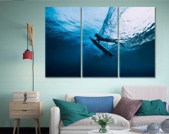 Surfer Man Canvas Print Home Decor, Dive Underwater Canvas Art Print, Ocean Wave Wall Art Prints, Surf Lifestyle Canvas Artwork