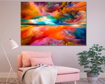 Abstract Multicolored Canvas Wall Art Print, Rainbow Interior Decor, Abstract Clouds Home Decor Wall Art, Contemporary Artwork