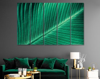 Abstract Green Striped Canvas Home Decor, Bright Leaf Art Print, Tropical Leaves Artwork