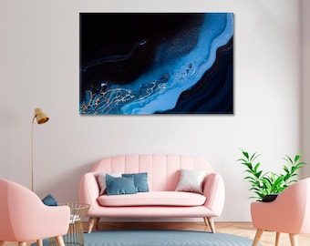 Dark Blue Abstract Canvas Art Decor, Modern Wall Art Home Decor, Marble Canvas Office Decor, Turquoise Artwork